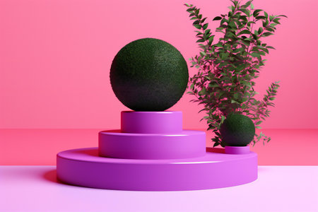 abstract geometric forms. Glossy purple podium for product presentation. Fashion show stage with plant.の素材