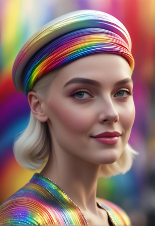 Portrait of a beautiful young woman with bright make-up and rainbow hair.の素材