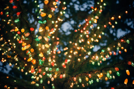 Christmas and New Year holidays background with bokeh lights and pine treeの素材