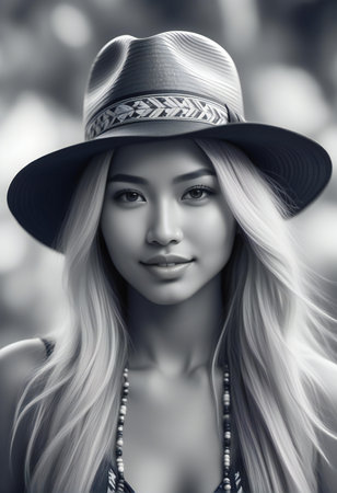 Portrait of a beautiful blonde woman in a hat. Black and white photo.の素材