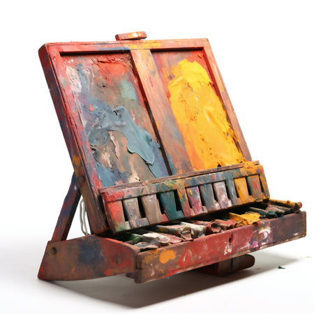 Wooden palette with oil paints on a white background, isolated.の素材