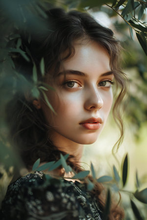 Portrait of a beautiful girl in a black dress among green leavesの素材