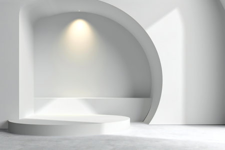 Minimalist interior with round podium and sunlight.の素材