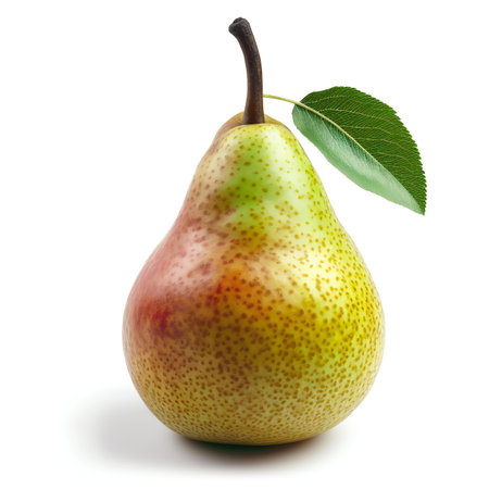 Ripe pear with leaf isolated on white background.の素材