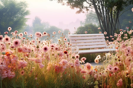 Bench in the park with beautiful flowers in the morning, Thailand.の素材