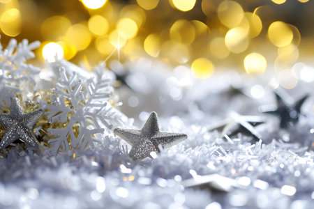 Christmas background with snowflakes and golden bokeh lights.の素材