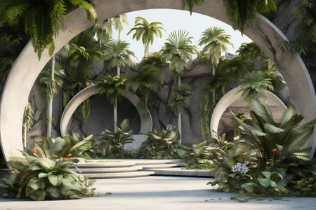 Beautiful tropical garden with palm trees, plants and fernsの素材