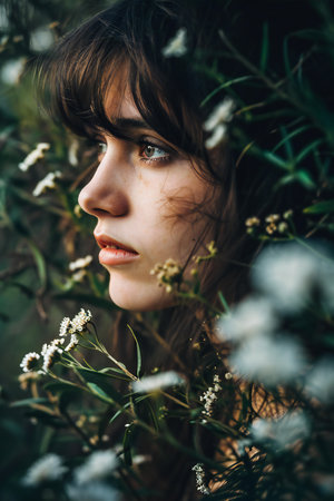Portrait of beautiful young woman with long hair and white flowers.の素材
