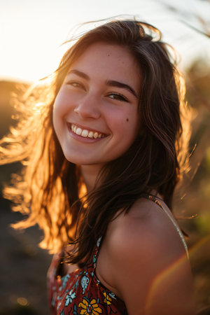 Portrait of a young beautiful brunette girl in a dress on the background of the setting sun.の素材