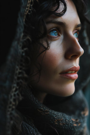 Portrait of a beautiful young woman with black hair and blue eyesの素材