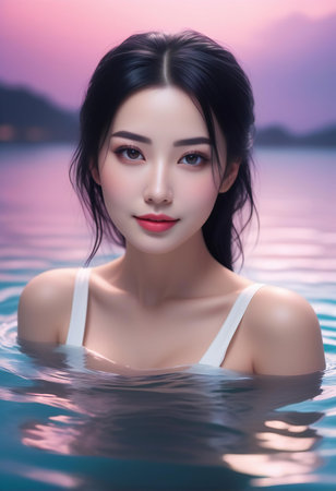 Portrait of beautiful asian woman in swimming pool at sunset timeの素材