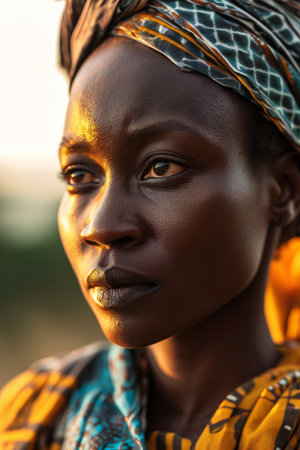 Portrait of a young beautiful African woman in traditional clothes looking at camera.の素材