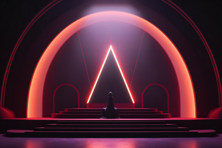 Futuristic podium with neon lights and silhouette of a woman.の素材