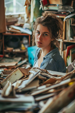 Portrait of a beautiful young woman artist in an art studio.の素材