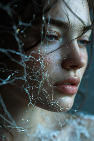 Portrait of beautiful young woman with broken glass on her face.の素材