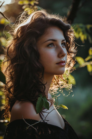 Portrait of beautiful young woman with curly hair in the forest.の素材