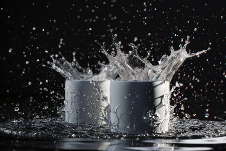 Water splashes and drops on a black background.の素材