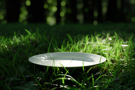Empty plate on green grass in the park, shallow depth of fieldの素材