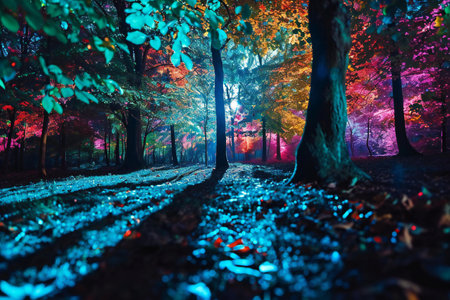 Autumn forest at night with colorful leaves and rays of light.の素材