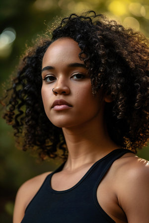 Close up portrait of a beautiful african american woman with curly hairの素材