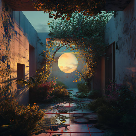 a beautiful garden with a large full moon.の素材