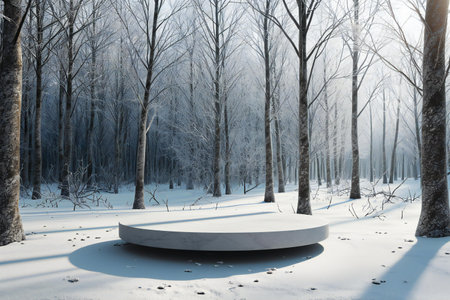 Winter forest landscape with snow and trees in misty morningの素材