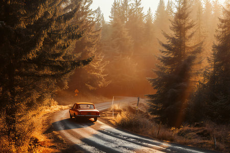 Vintage car on the road in the foggy forest at sunriseの素材
