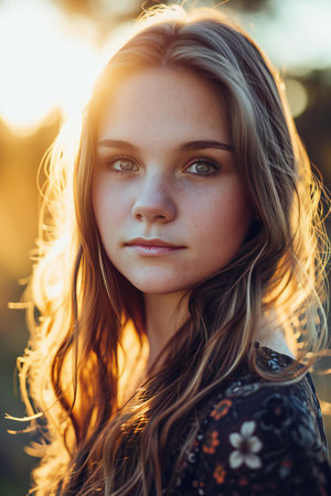 Portrait of a beautiful young girl with long hair at sunset.の素材
