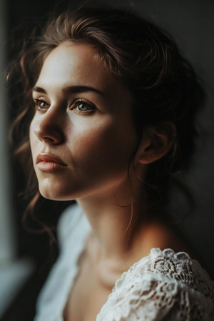 Portrait of a beautiful girl in a white dress in the morning.の素材
