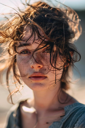 Portrait of a beautiful girl with freckles on her faceの素材