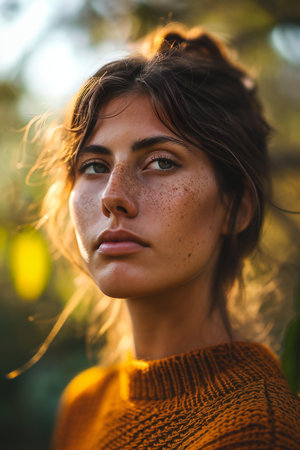 Close up portrait of a beautiful young woman with freckles on her faceの素材