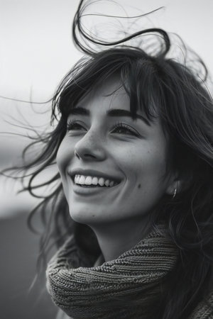 Portrait of a beautiful young woman on the beach. Black and white photo.の素材