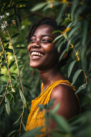 Portrait of a smiling young african woman standing among the leaves of a tree.の素材