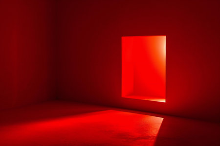 Bright red room with open door. Abstract backgroundの素材
