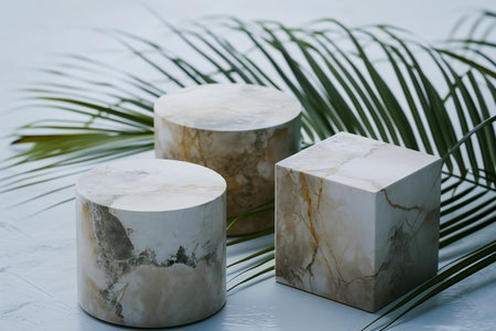 White marble podiums and palm leaves on a white background. Natural beauty products.の素材