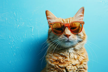 Cute ginger cat wearing red sunglasses on blue background with copy spaceの素材