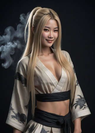 Beautiful asian woman in kimono with smoke on black backgroundの素材