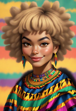 Portrait of a beautiful African American woman in colorful dress.の素材