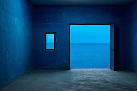 Empty room with blue wall and open door to the sea at nightの素材