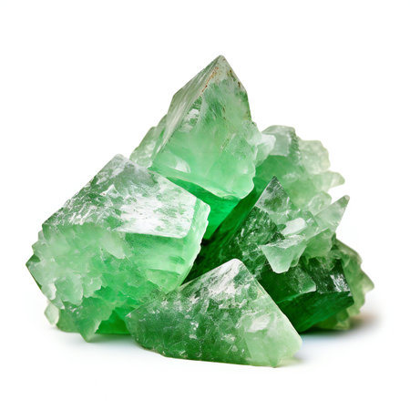 Green crystal mineral isolated on white background close up.の素材