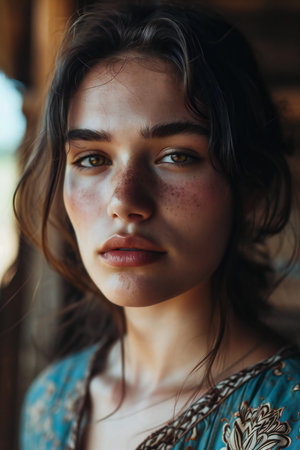 Portrait of a beautiful young girl with brown eyes and dark hair.の素材