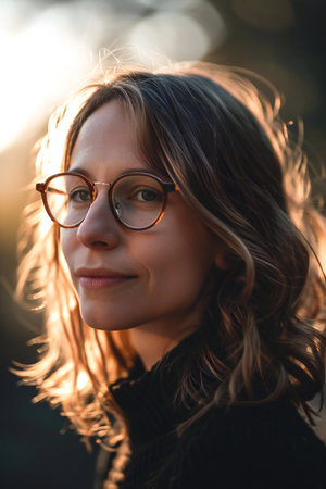 Portrait of a beautiful young woman with glasses in the park at sunsetの素材
