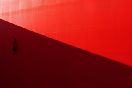 Red wall with shadow from the sunlight. Abstract background for design.の素材