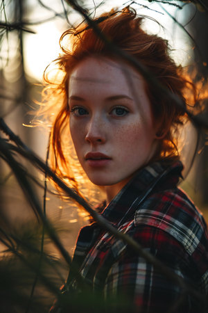 Portrait of a beautiful red-haired girl with freckles on her face in a checkered shirt in the rays of the setting sun.の素材