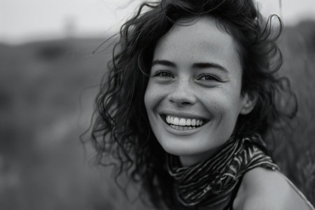 Portrait of a beautiful smiling young woman with curly black hair.の素材