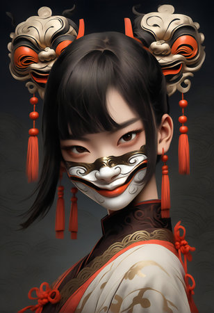 illustration of a Japanese girl wearing a kimono and maskの素材
