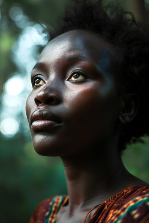 Portrait of a beautiful young African woman in traditional clothes, looking away.の素材