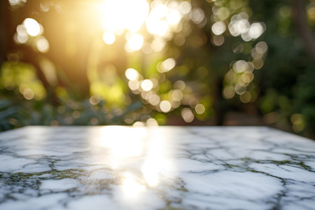 Empty white marble table top with blur nature bokeh background.の素材
