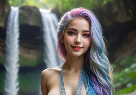 Beautiful woman with colorful hair and waterfall in the background.の素材