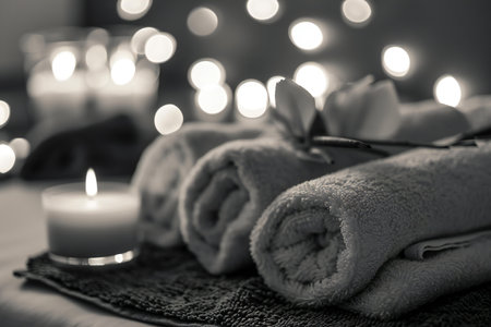 Spa still life with towels, candles and towel in black and whiteの素材